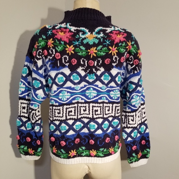 VINTAGE HAND KNIT SWEATER JENNIFER REED CHUNKY 90S SIZE M 🌺 FLORAL GEOMETRIC 3D - Picture 9 of 11